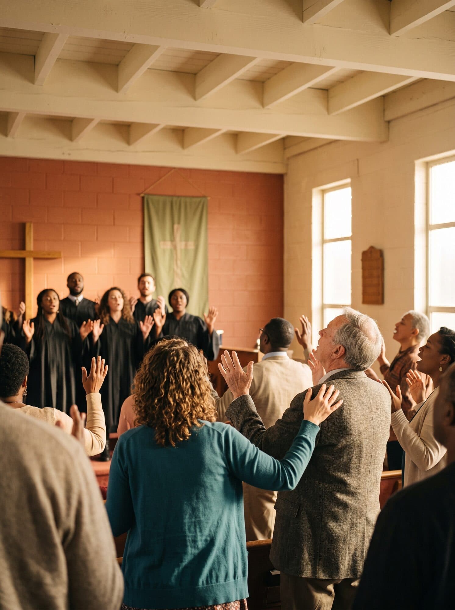 Congregation worshipping with hands lifted